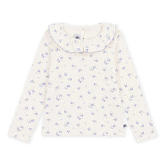Petit Bateau - फ्लोरल प्रिंट रफल्ड कॉलर टी-शर्ट | एक्रू