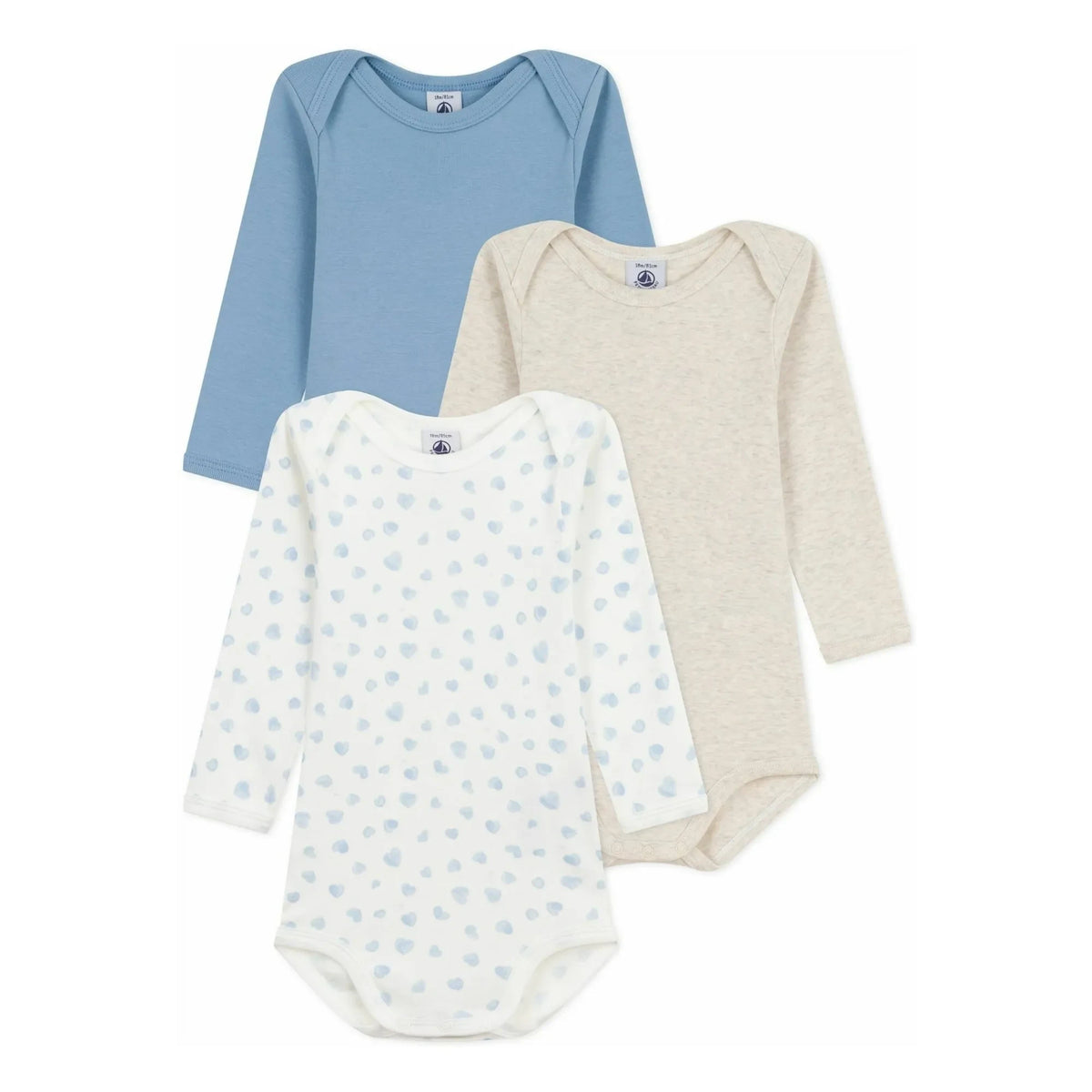 Petit Bateau - 3'lü Organik Pamuklu Kalp Desenli Body Seti | Mavi