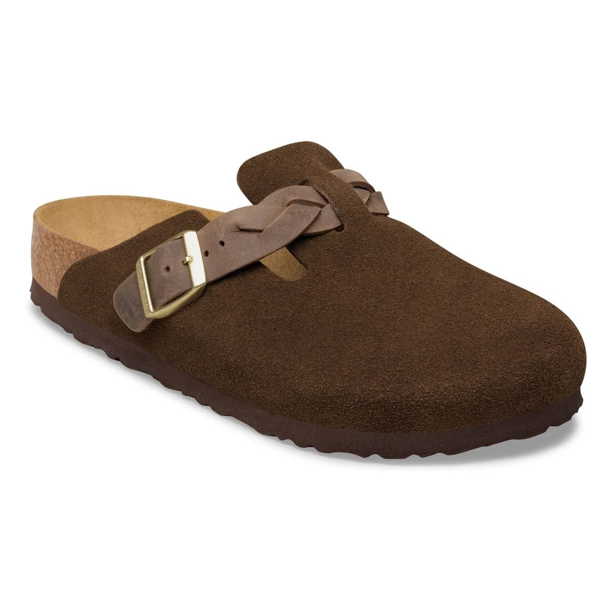 BIRKENSTOCK - बोस्टन ब्रेडेड स्वेड स्लिपर्स | भूरा