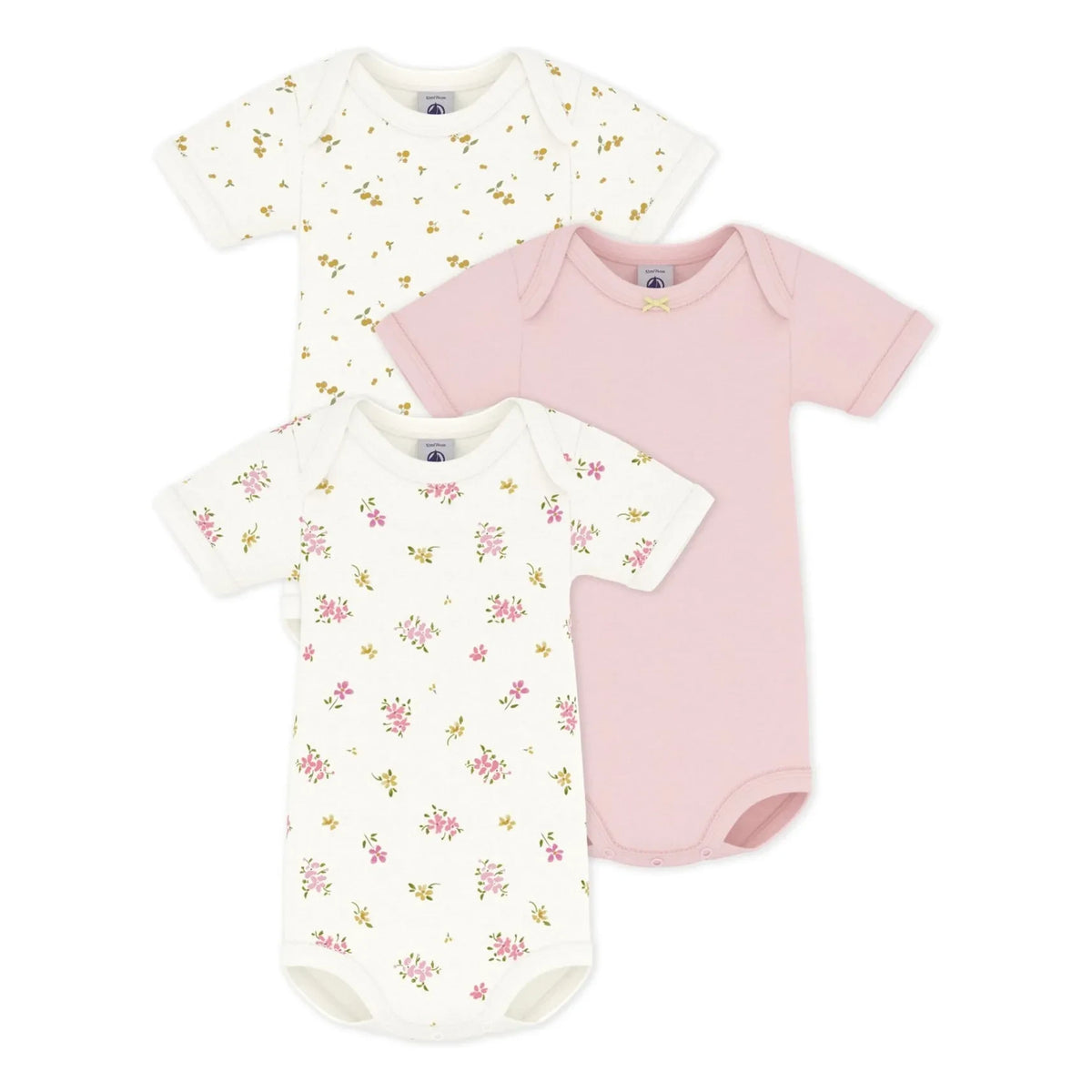 Petit Bateau - 3'lü ऑर्गेनिक कॉटन फ्लोरल बॉडी सूट सेट | गुलाबी