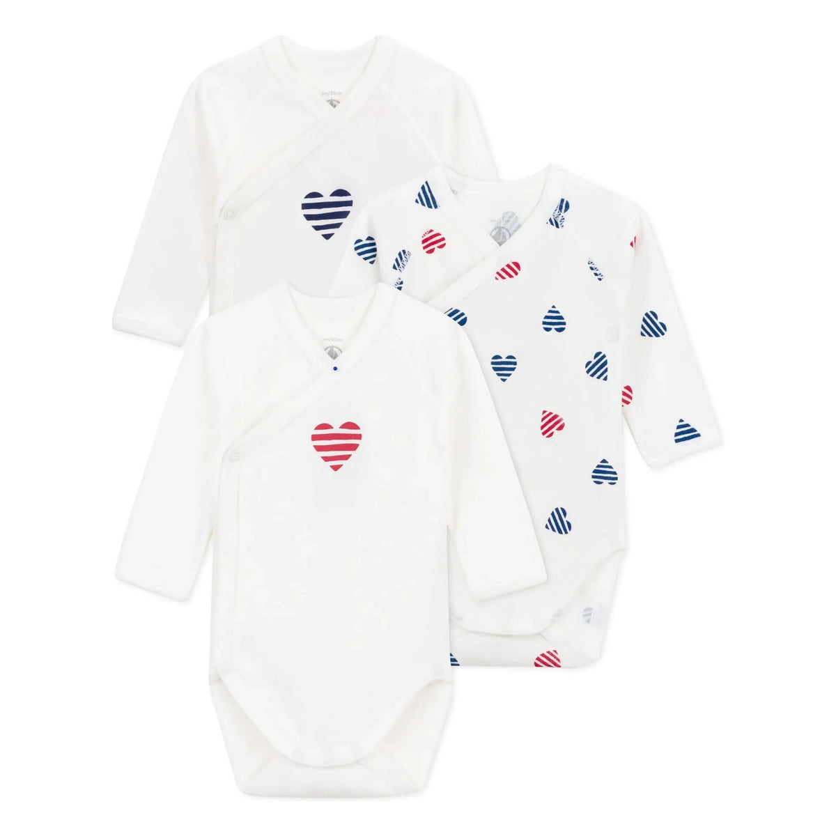 Petit Bateau - 3'lü Çizgili Kalp Organik Pamuk Bebek Body Seti | Ekru