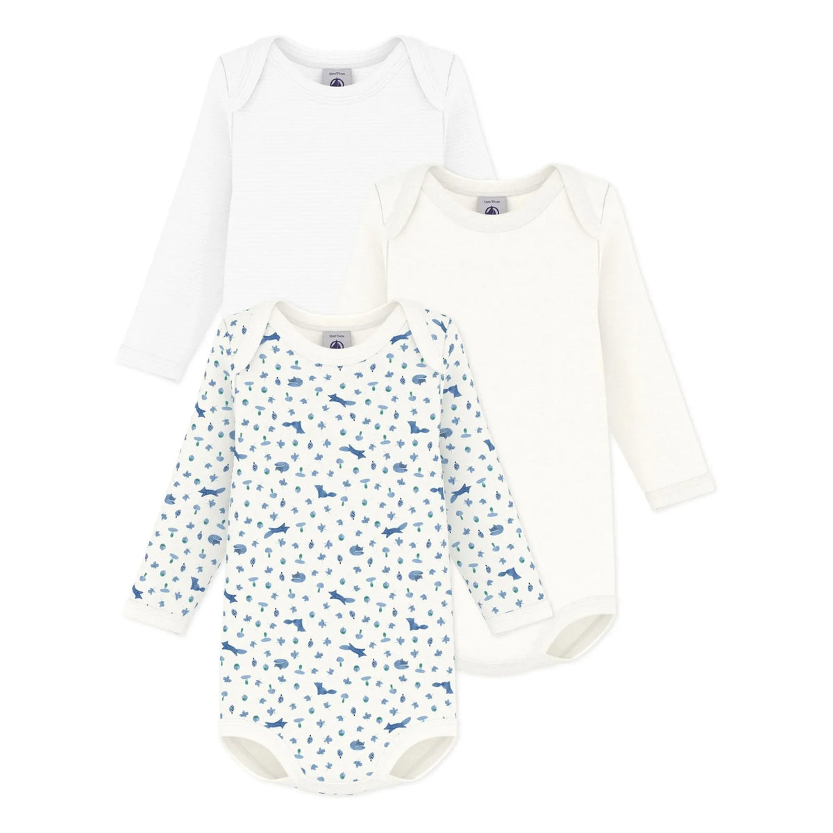 Petit Bateau - 3'lü ऑर्गेनिक कॉटन फॉक्स बॉडी सूट सेट | नीला