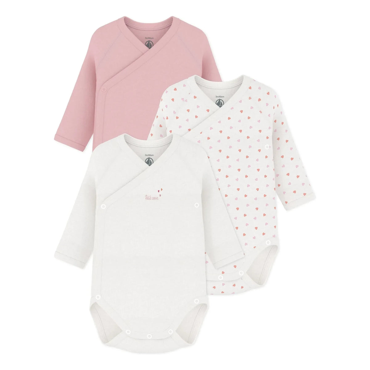 Petit Bateau - 3'lü Küçük Kalpler Organik Pamuklu Badi Seti | Pembe