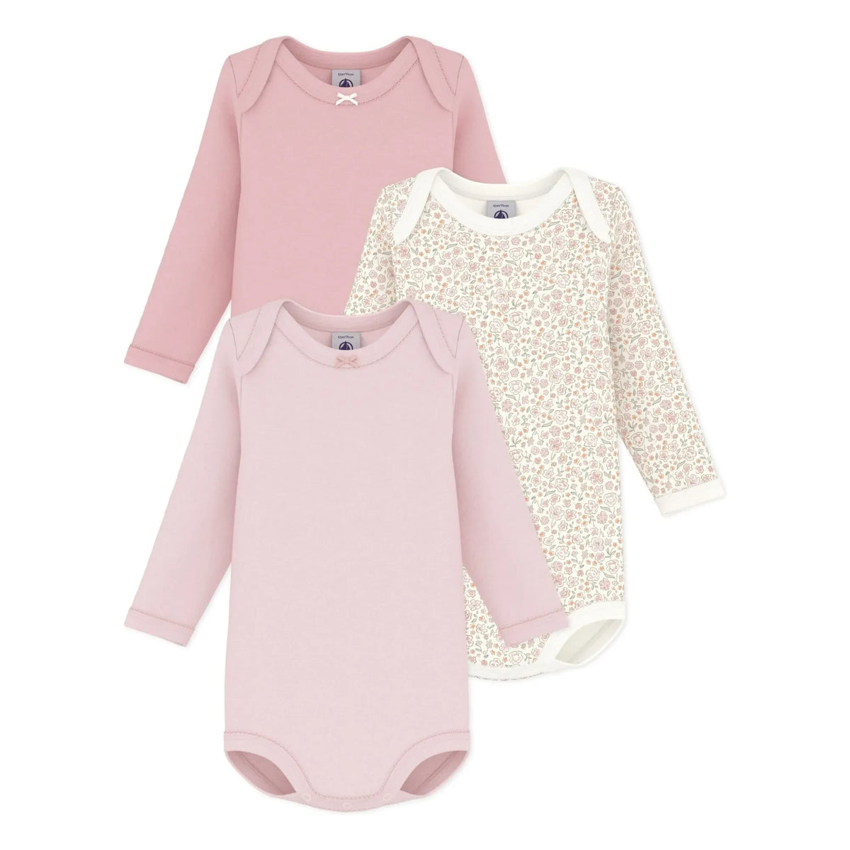 Petit Bateau - 3'lü Çiçek Desenli Düğümlü Organik Pamuklu Body | गुलाबी