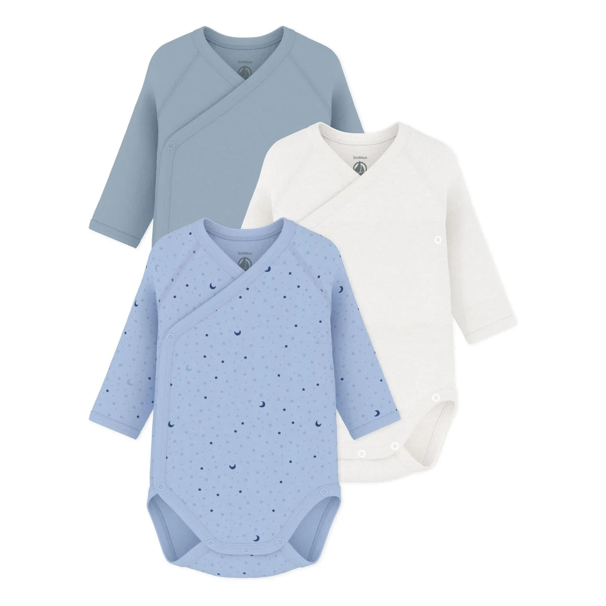 Petit Bateau - 3'lü Organik Pamuk Yıldız Desenli Body Seti | Mavi (पेटीट बेटो - 3 ऑर्गेनिक कॉटन स्टार पैटर्न बॉडी सूट सेट | नीला)