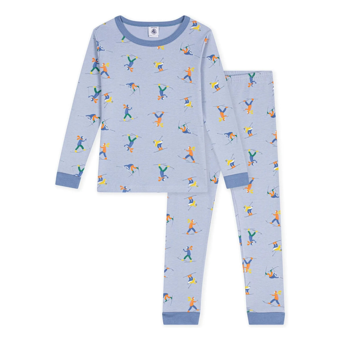 Petit Bateau - स्नोमैन प्रिंट वाली पायजामा सेट, ऑर्गेनिक कॉटन | ग्रे नीला
