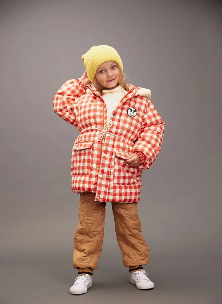 Mini Rodini - Ritzratz गिंघम पफ़र जैकेट | लाल