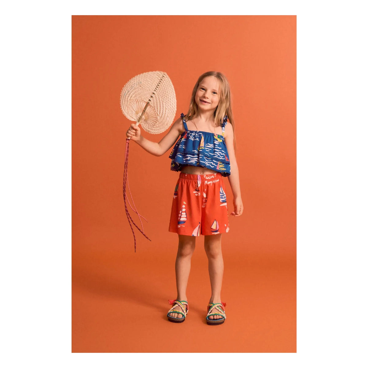Maison Mangostan - नीली क्रॉप टॉप झालरदार स्लीव्स