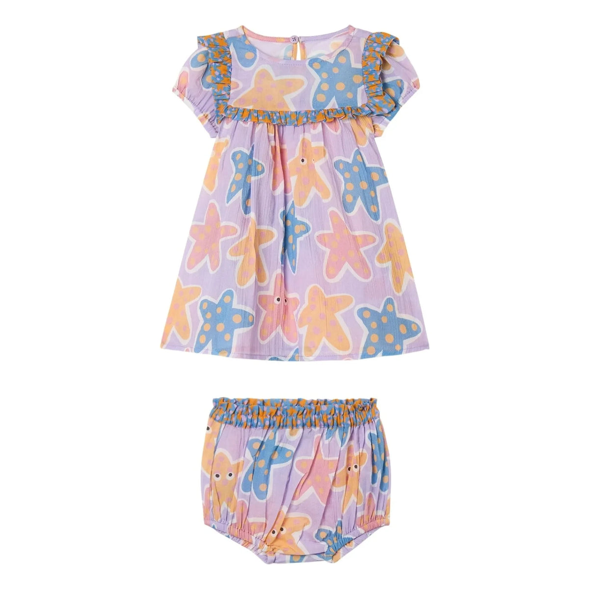 Stella McCartney Kids - Etoiles de Mer ऑर्गेनिक कॉटन ड्रेस और ब्लूमर सेट | गहरा बैंगनी (मूर्दम)