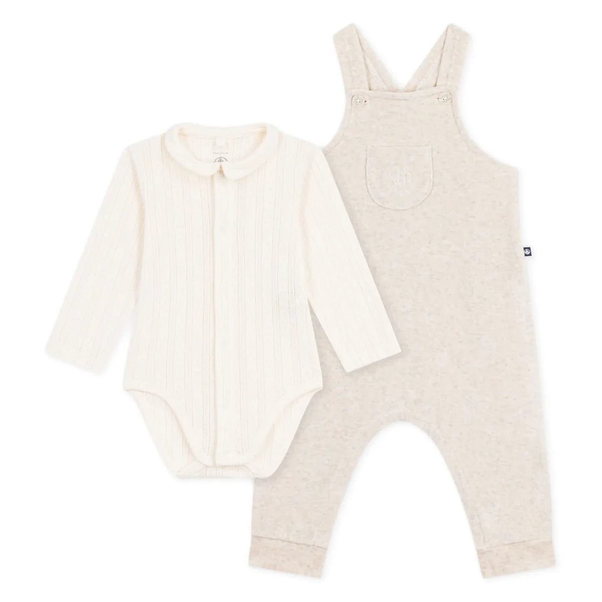 Petit Bateau - ऑर्गेनिक कॉटन वेलवेट बॉडी और सलोपैट सेट | बेज