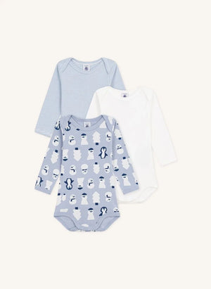 Petit Bateau - 3'lü Organik Pamuk Kardan Adam Zıbın Seti | Gri mavi