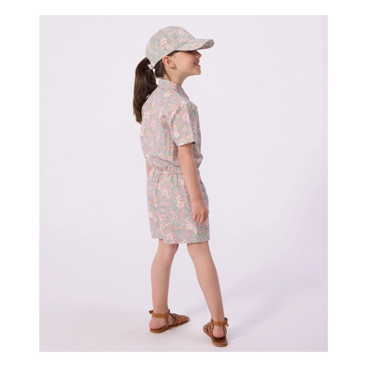 Petit Bateau - ऑर्गेनिक कॉटन पॉपलिन फूलों वाला जंपसूट | धूसर नीला