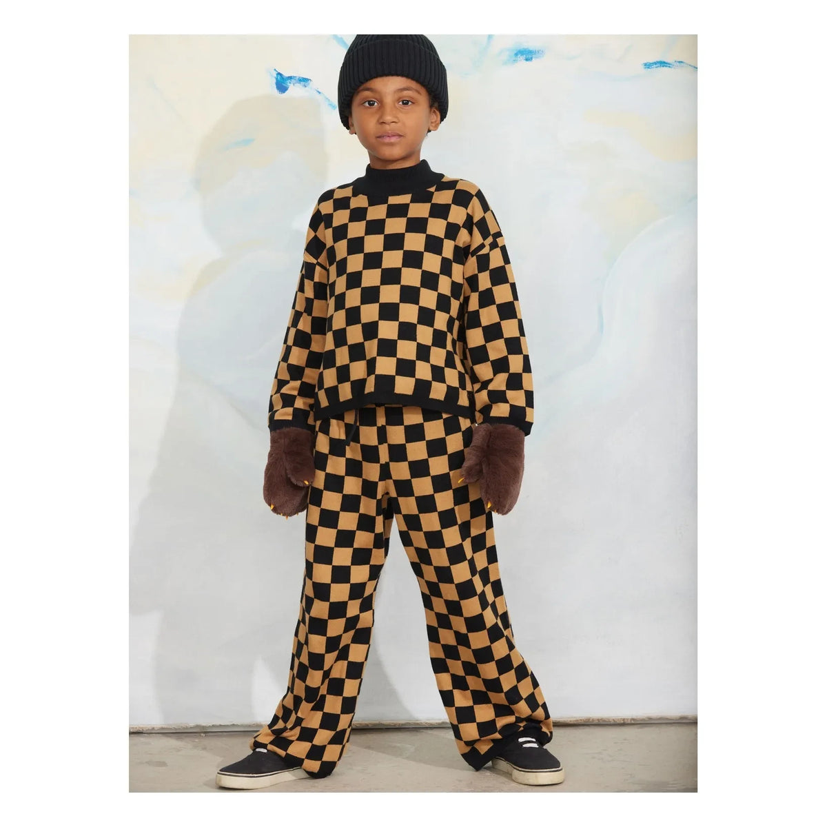 Mini Rodini - Damier ऑर्गेनिक कॉटन स्वेटशर्ट | भूरा