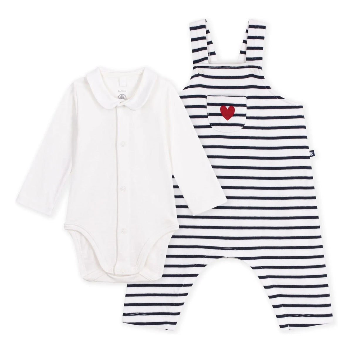 Petit Bateau - ऑर्गेनिक कॉटन धारीदार सलोपेट और बॉडी सेट | सफ़ेद