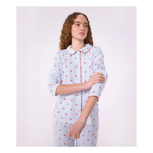 Petit Bateau - दिल के पैटर्न वाली ऑर्गेनिक कॉटन पजामा शर्ट | नीला