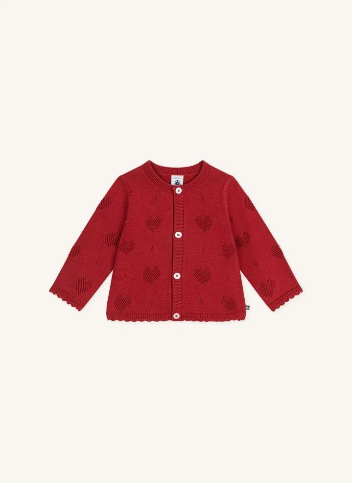 Petit Bateau - ऑर्गेनिक कॉटन हार्ट ओपनवर्क कार्डिगन | लाल