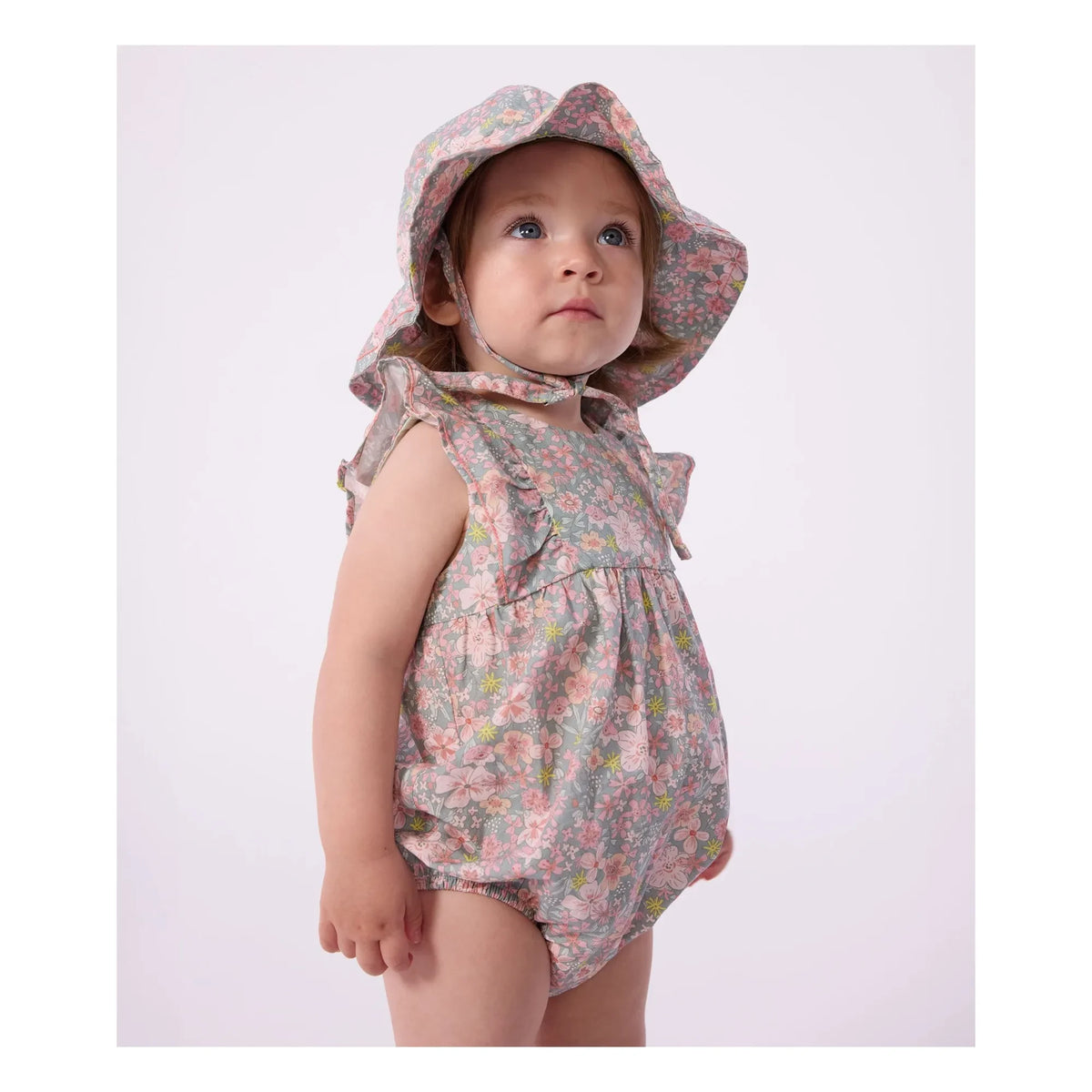 Petit Bateau - ऑर्गेनिक कॉटन पॉपलिन फ्लोरल जंपसूट | ग्रे नीला