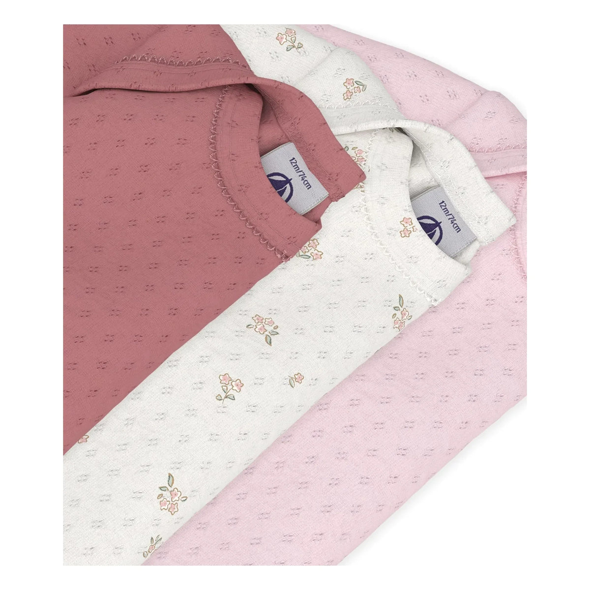 Petit Bateau - 3’lü Pointelle ऑर्गेनिक कॉटन बॉडीसूट सेट | गुलाबी
