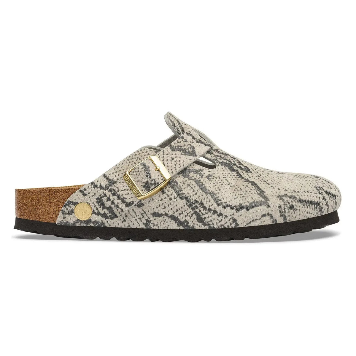 BIRKENSTOCK - Boston Rivet स्नेक स्किन क्लॉग | हल्का ग्रे