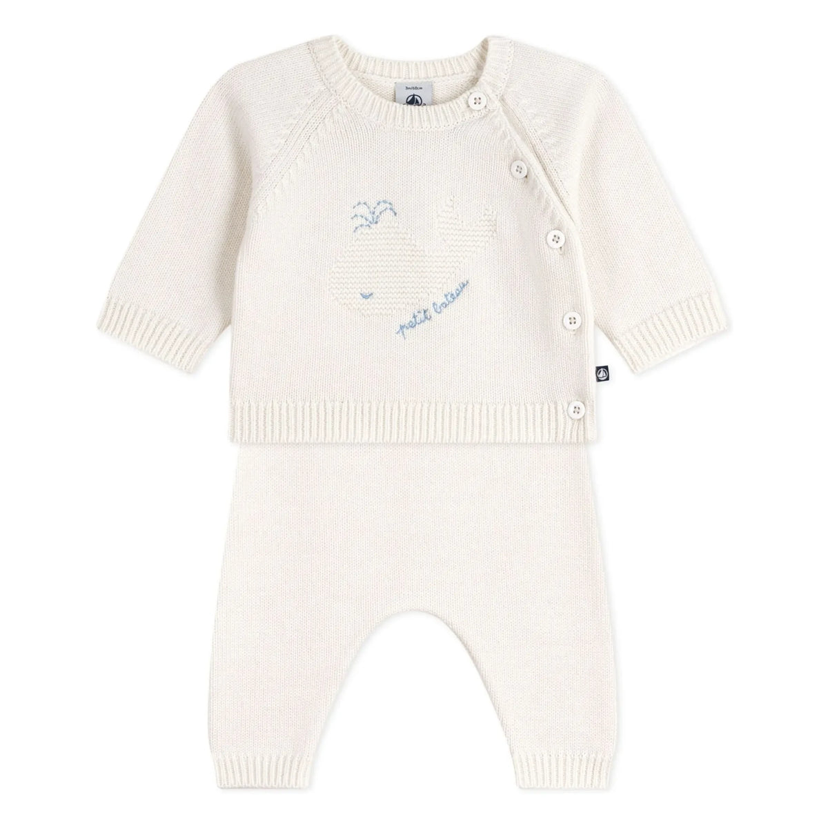 Petit Bateau - व्हेल ऊनी स्वेटर और पैंट सेट | सफ़ेद