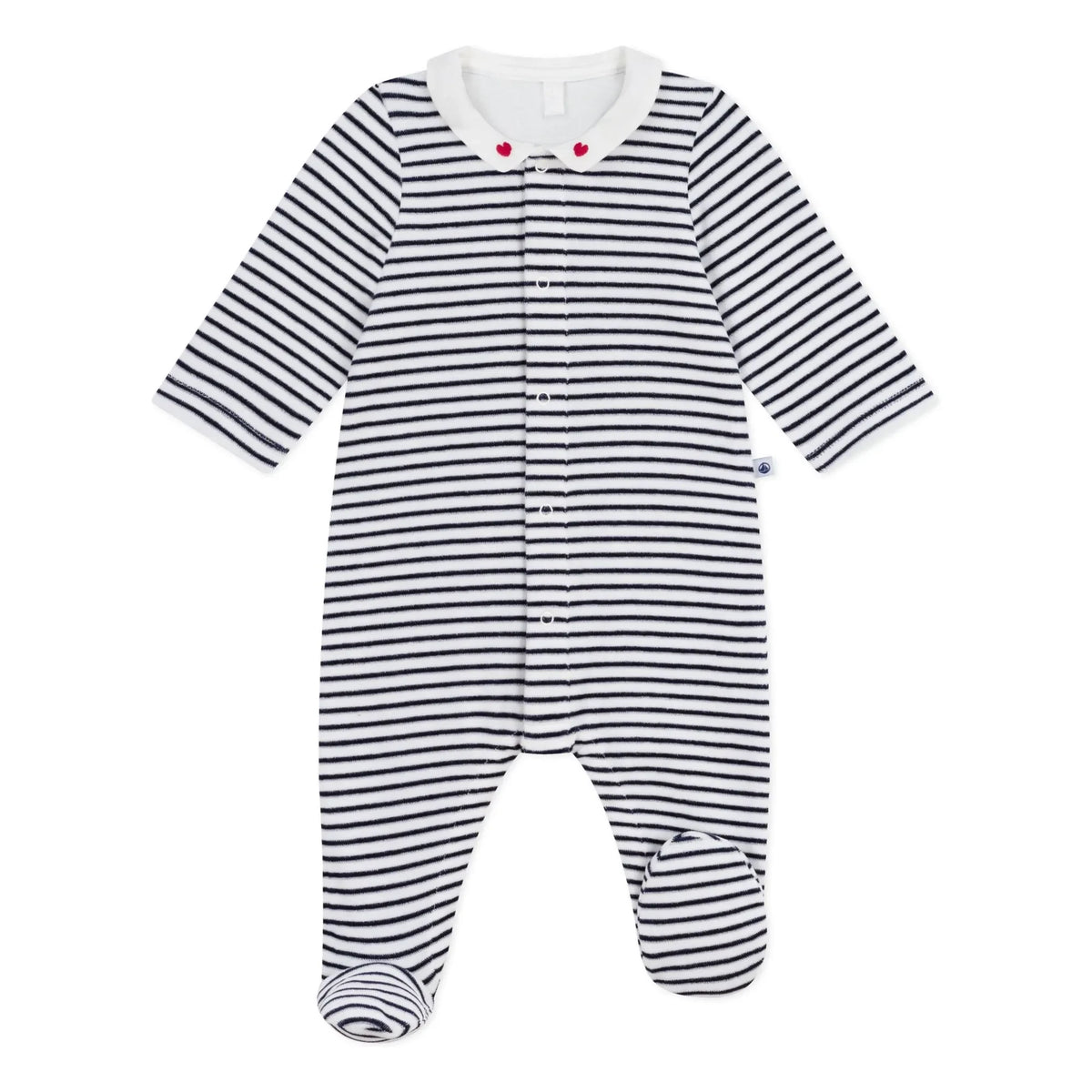 Petit Bateau - धारीदार वेलवेट ऑर्गेनिक कॉटन डॉर्स बिएन पजामा | नेवी ब्लू