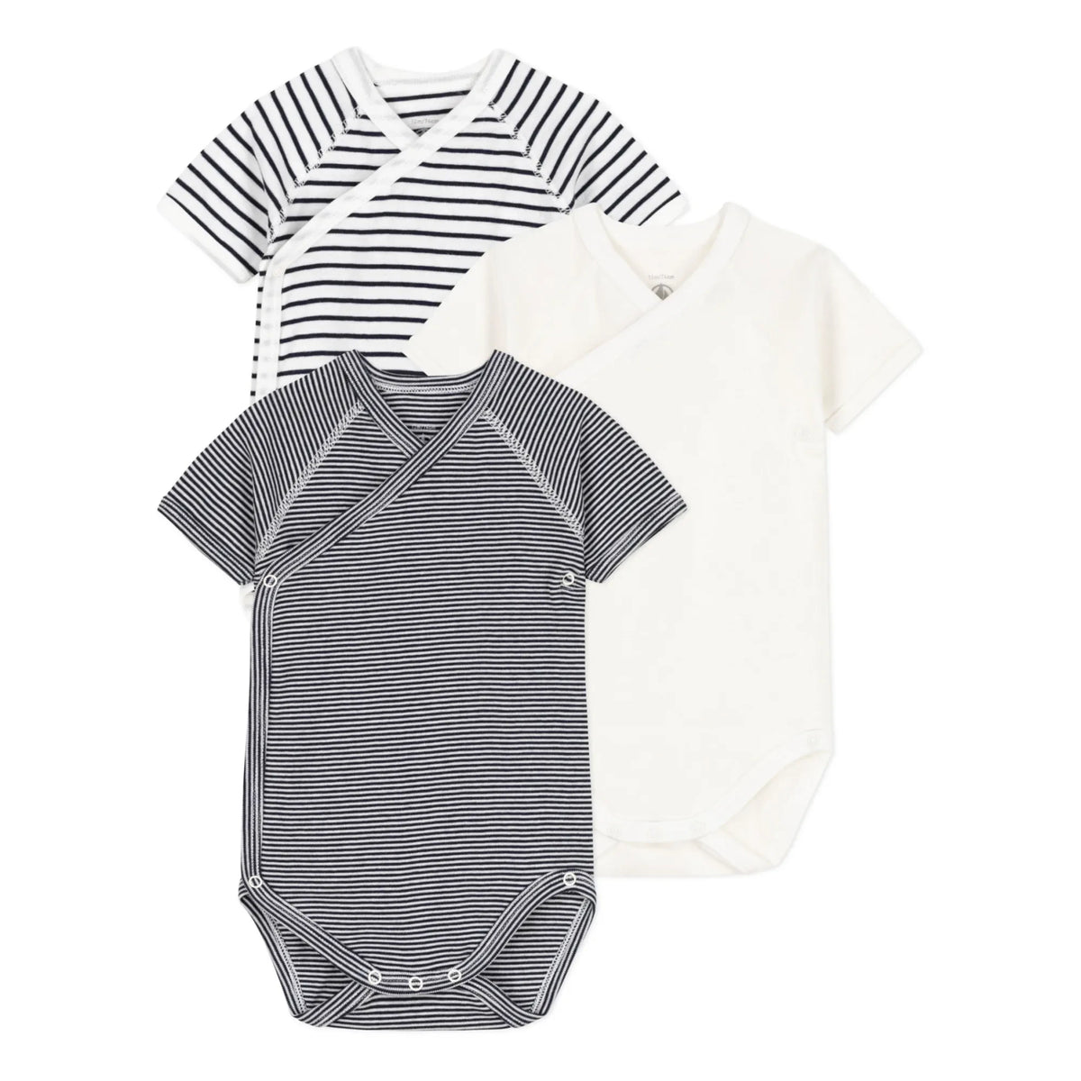 Petit Bateau - धारीदार नवजात बॉडीसूट - 3 का सेट | नेवी ब्लू