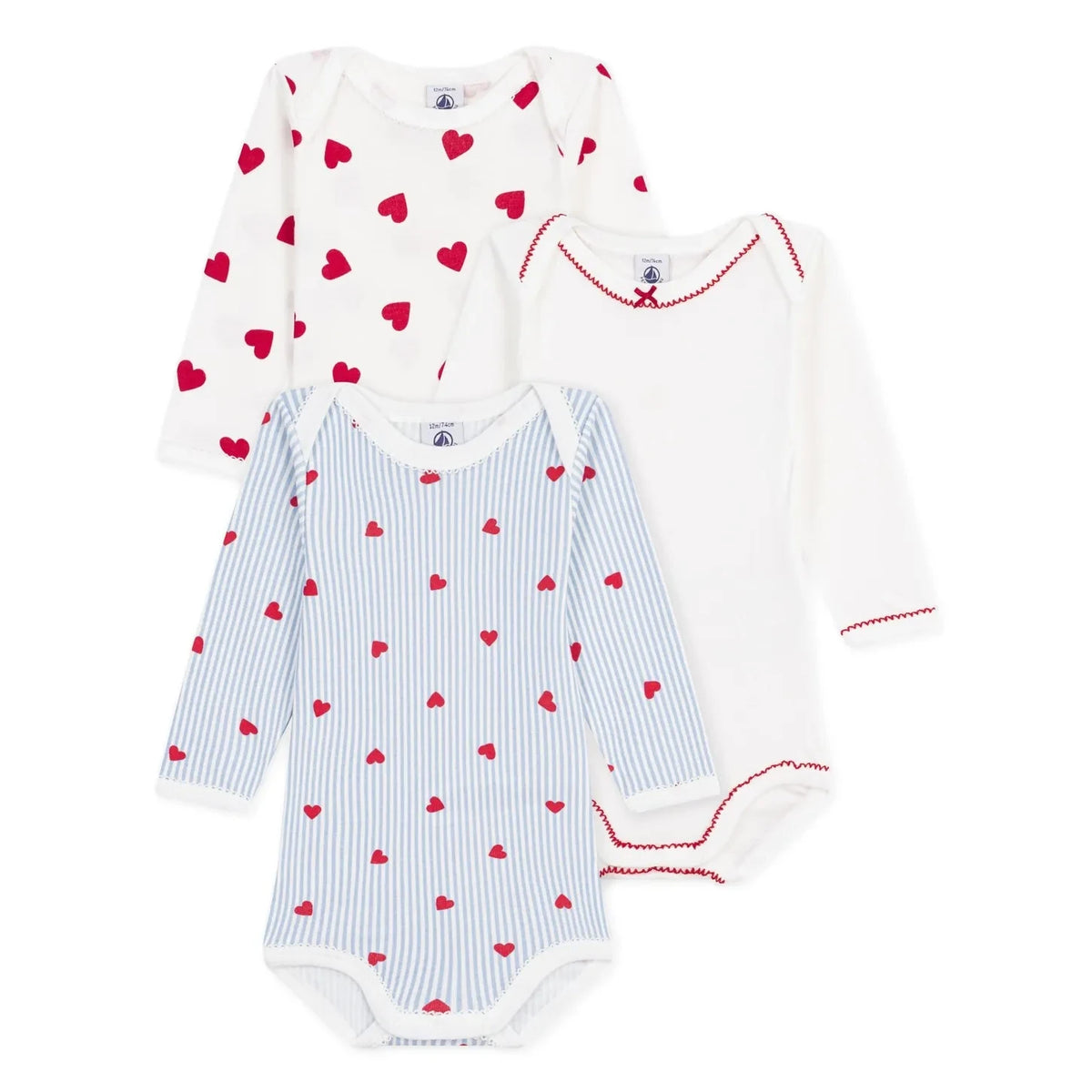Petit Bateau - 3'lü Organik Pamuklu Kalp Desenli Çıtçıtlı Badi | Beyaz
