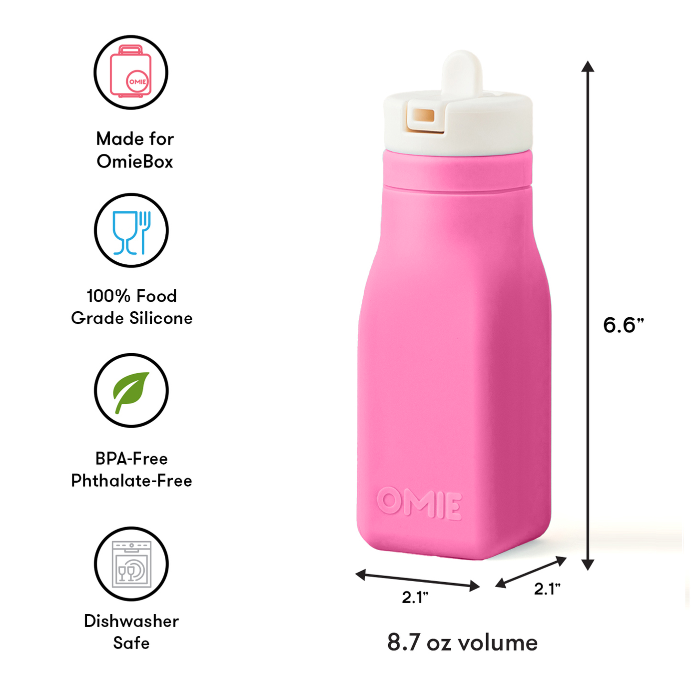 Omiebox - OmieBottle BPA मुक्त सिलिकॉन पानी की बोतल गुलाबी