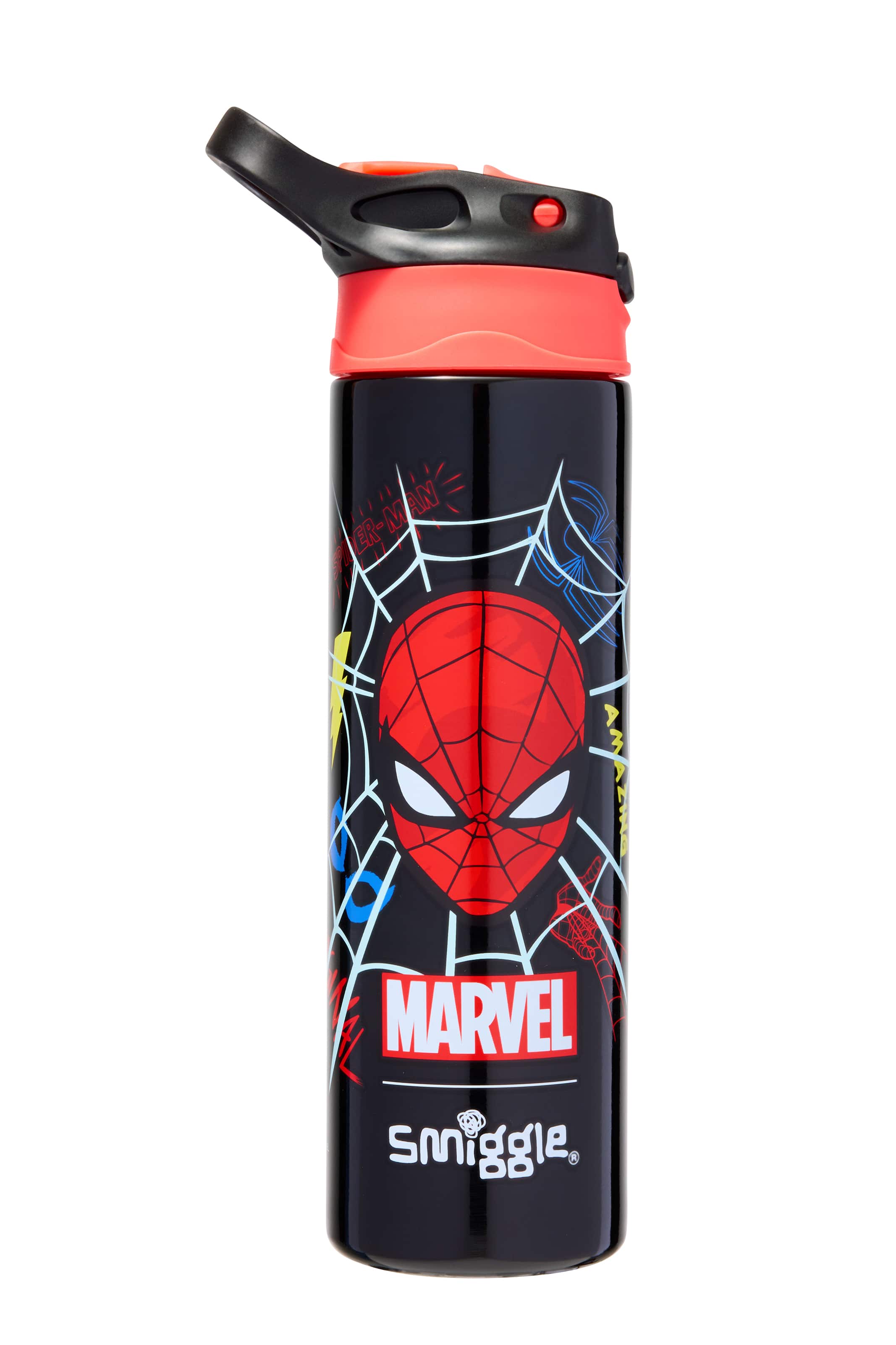 Smiggle - मार्वल स्पाइडरमैन BPA मुक्त ऑटोमैटिक पाइप वाला 650ML पानी की बोतल