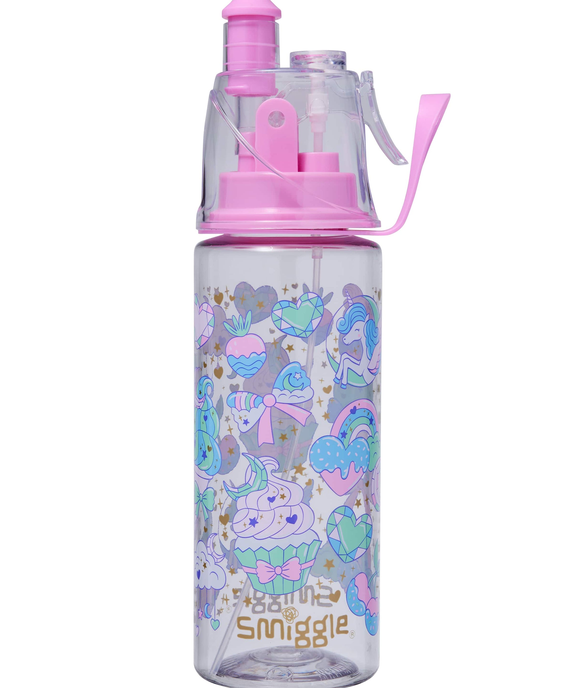 Smiggle - Radiant 560ML बिना BPA के पानी की बोतल स्प्रे के साथ