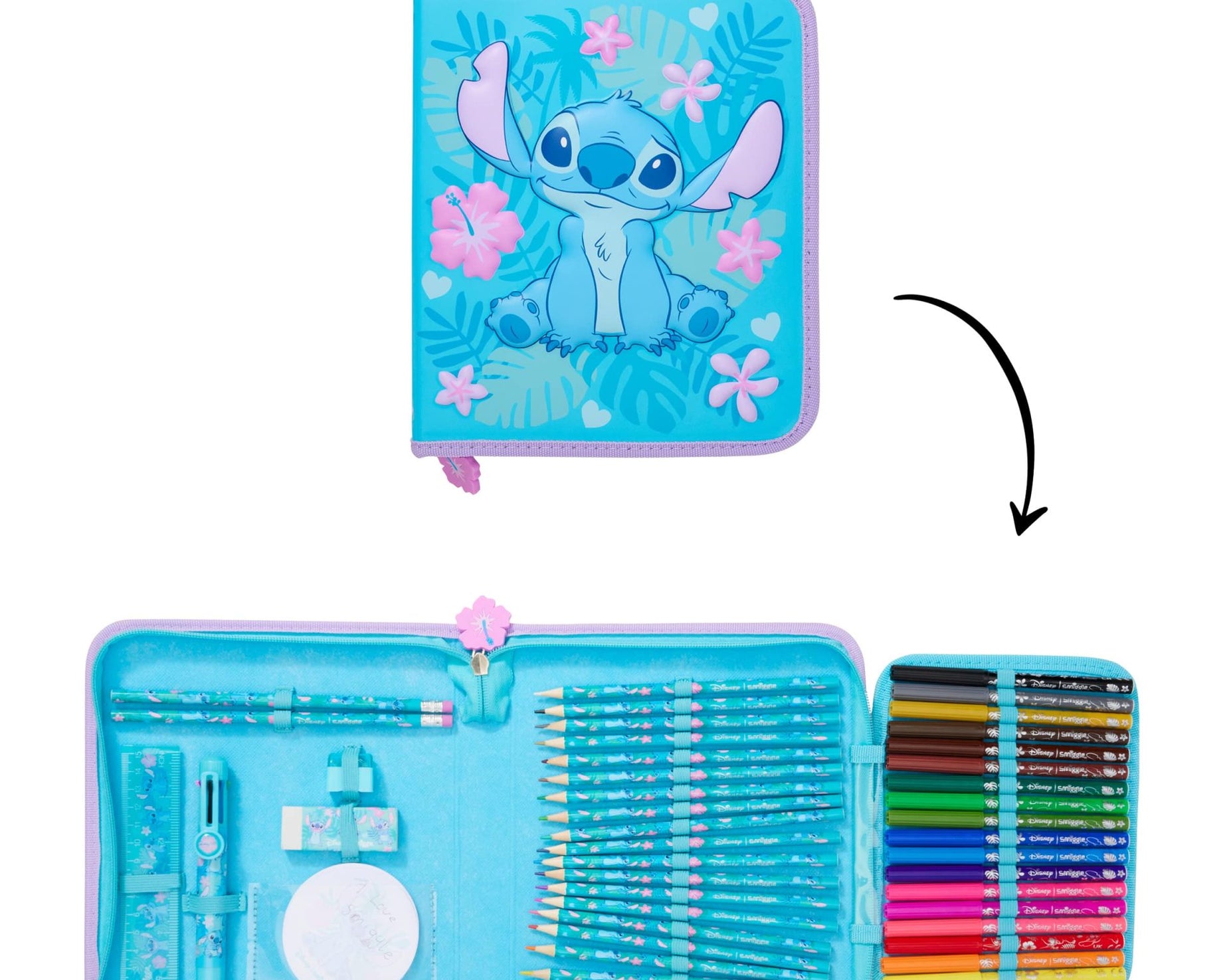 Smiggle - स्टिच स्टेशनरी सेट और पेंसिल बॉक्स