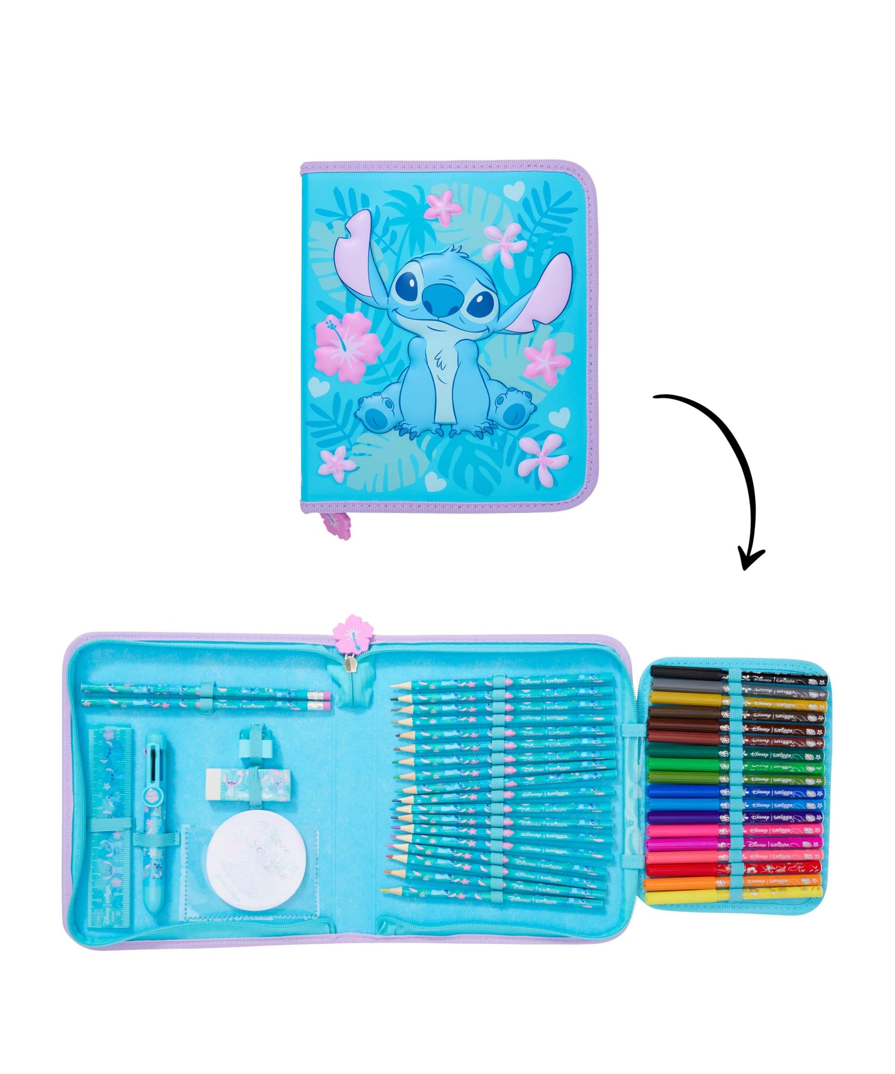 Smiggle - स्टिच स्टेशनरी सेट और पेंसिल बॉक्स